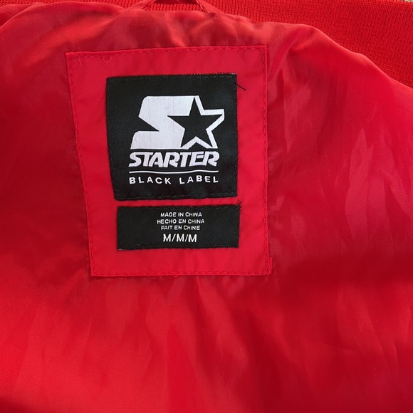 Starter Red Button Up Bomber Jacket with Stripe Sleeves, Waistband and Neck Sz M - Picture 6 of 10